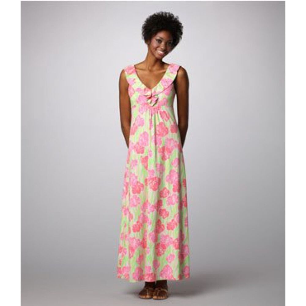 Lilly Pulitzer Maxi Dress Samantha Floral Pink Green Ruffle V-Neck Small S Y2K